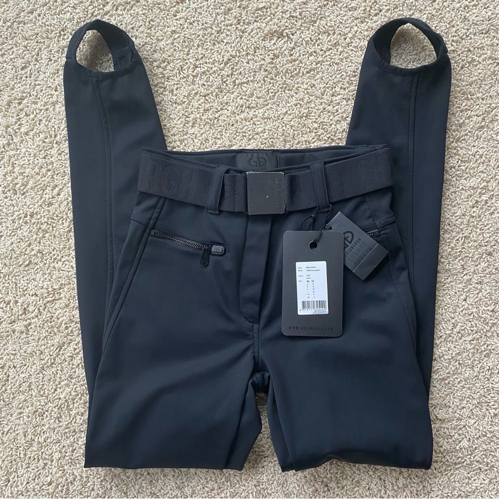 Goldbergh Paris Belted Black with Leather Slim-leg Stirrup Ski Pants NWT 8